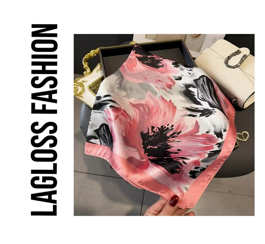 LaGloss® Vierkante Dames Sjaal met Bloemenprint – Roze Zachte Glans – Dunne Omslagdoek – 67 x 67 cm