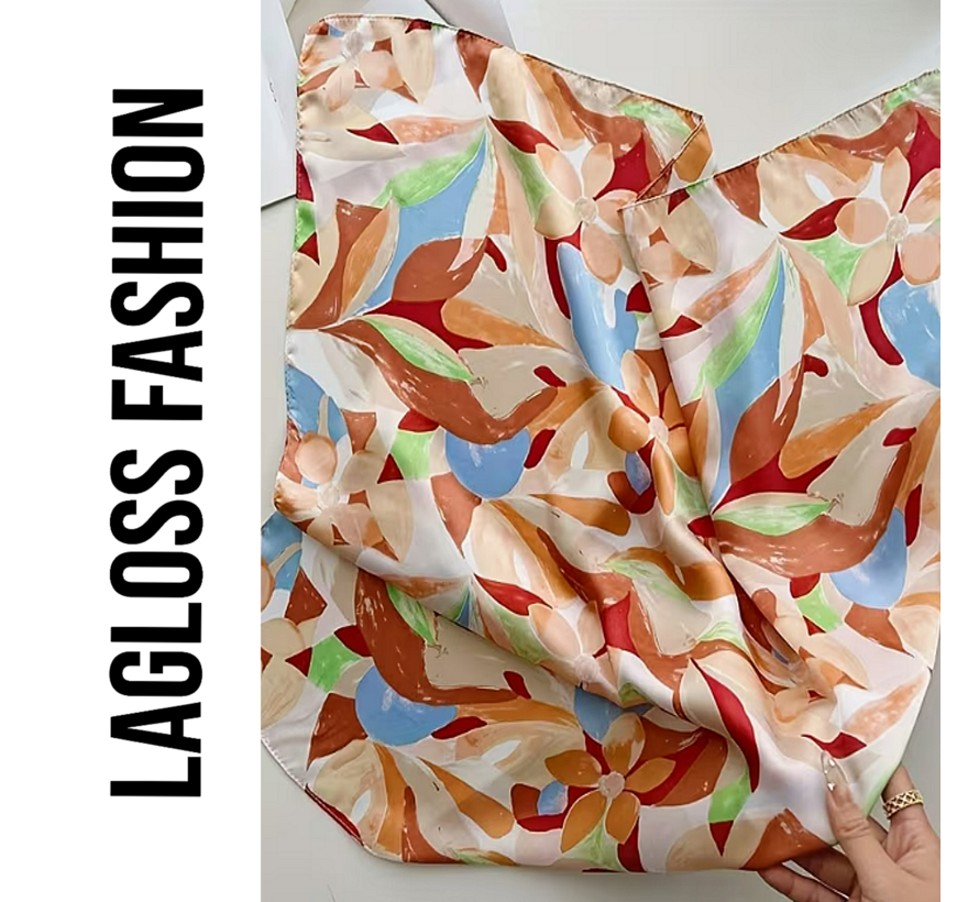 LaGloss® Vierkante Dames Sjaal Oranje Bloemenprint – Kleurrijk – Festival – Zomer/Lente – 67 x 67 cm