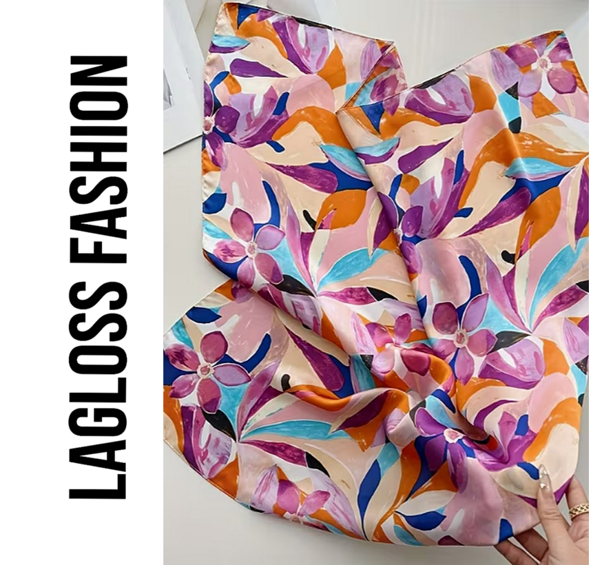 LaGloss® Vierkante Dames Sjaal Paarse Bloemenprint – Kleurrijk – Festival – Zomer/Lente – 67 x 67 cm