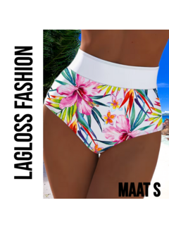 LaGloss High Waist Dames Bikini Broekje met All-over Bloemenprint Wit – Maat S