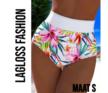 LaGloss High Waist Dames Bikini Broekje met All-over Bloemenprint Wit – Maat S