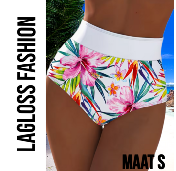 LaGloss High Waist Dames Bikini Broekje met All-over Bloemenprint Wit – Maat S