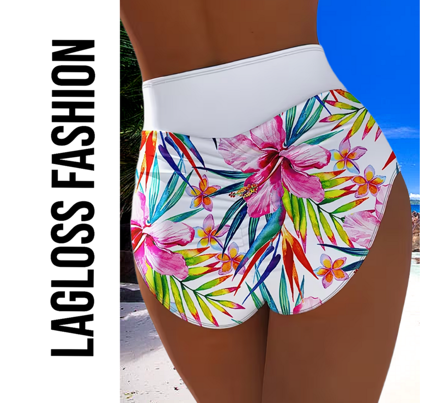LaGloss® High Waist Dames Bikini Broekje met All-over Bloemenprint Wit - Hoog Elastisch – Zomermode – Beach fashion – Maat M