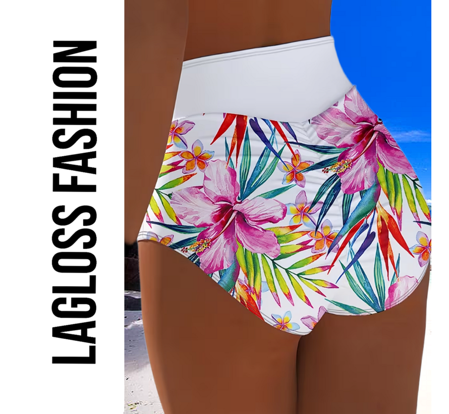 LaGloss® High Waist Dames Bikini Broekje met All-over Bloemenprint Wit - Hoog Elastisch – Zomermode – Beach fashion – Maat M