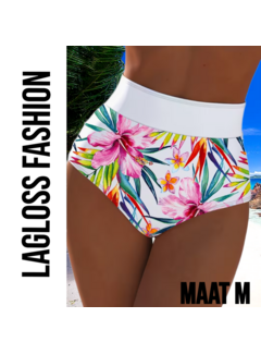 LaGloss High Waist Dames Bikini Broekje met All-over Bloemenprint Wit – Maat M