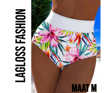LaGloss High Waist Dames Bikini Broekje met All-over Bloemenprint Wit – Maat M
