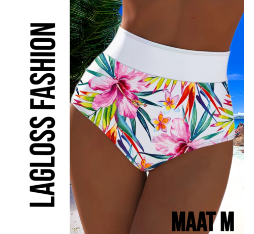 LaGloss LaGloss® High Waist Dames Bikini Broekje met All-over Bloemenprint Wit - Hoog Elastisch – Zomermode – Beach fashion – Maat M