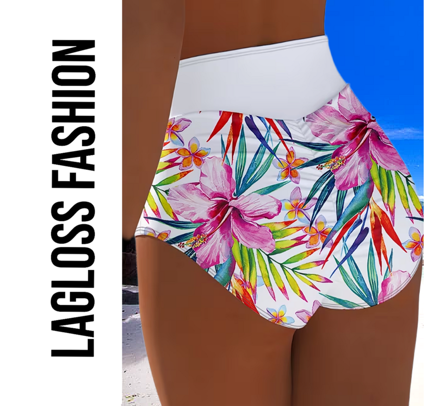 LaGloss® High Waist Dames Bikini Broekje met All-over Bloemenprint Wit - Hoog Elastisch – Zomermode – Beach fashion – Maat L
