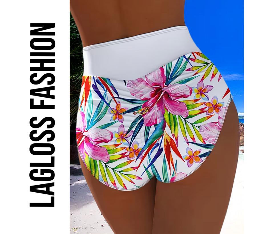 LaGloss® High Waist Dames Bikini Broekje met All-over Bloemenprint Wit - Hoog Elastisch – Zomermode – Beach fashion – Maat XL