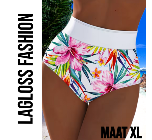 LaGloss LaGloss® High Waist Dames Bikini Broekje met All-over Bloemenprint Wit - Hoog Elastisch – Zomermode – Beach fashion – Maat XL