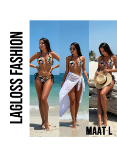 LaGloss 2-delig Dames Bikini Set Zwart met All-over Bloemenprint – Maat L