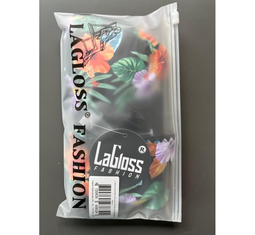 LaGloss® 2-delig Dames Bikini Set Zwart met All-over Bloemenprint - Haltertop en Strikbroekje – Strandmode – Beach fashion – Maat S