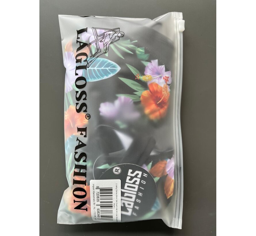 LaGloss® 2-delig Dames Bikini Set Zwart met All-over Bloemenprint - Haltertop en Strikbroekje – Strandmode – Beach fashion – Maat L