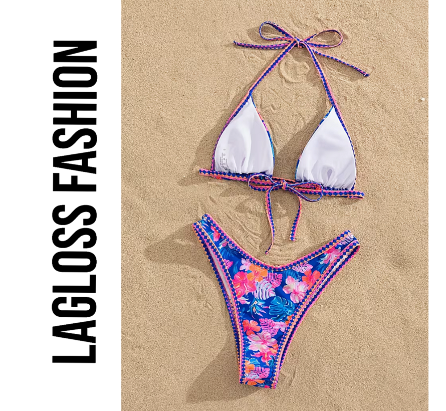 LaGloss® 2-delig Dames Bikini met Tropische Bloemenprint Blauw Roze – Zomermode – Beach Fashion – Strand – Maat S