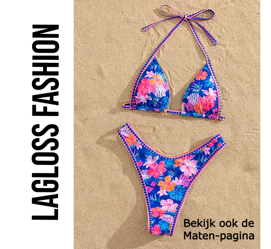 LaGloss® 2-delig Dames Bikini met Tropische Bloemenprint Blauw Roze – Zomermode – Beach Fashion – Strand – Maat M