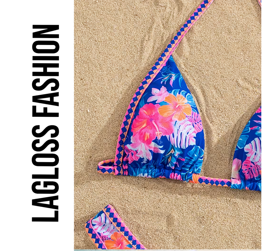 LaGloss® 2-delig Dames Bikini met Tropische Bloemenprint Blauw Roze – Zomermode – Beach Fashion – Strand – Maat M