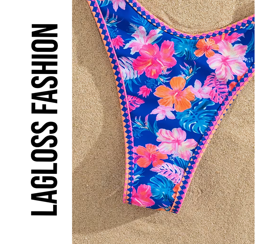 LaGloss® 2-delig Dames Bikini met Tropische Bloemenprint Blauw Roze – Zomermode – Beach Fashion – Strand – Maat M
