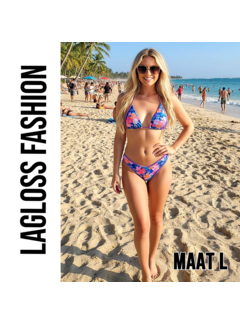 LaGloss 2-delig Dames Bikini met Tropische Bloemenprint Blauw Roze – Maat L