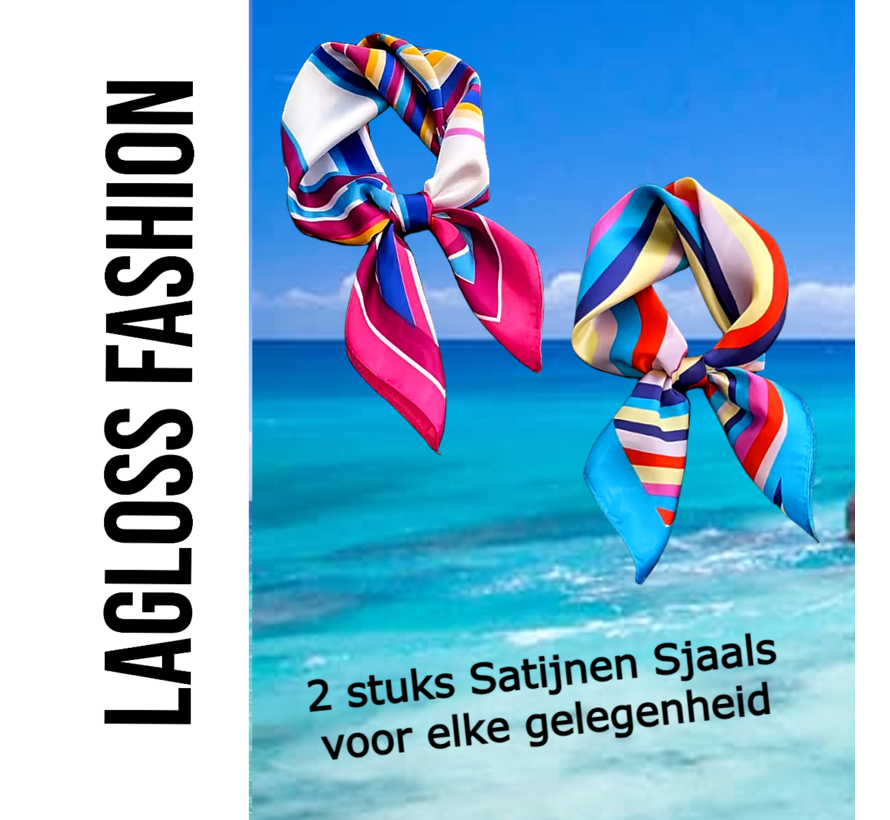 LaGloss® 2 Stuks Vierkante Dames Sjaal Set Satijnlook Blauw en Roze – 60 x 60 cm