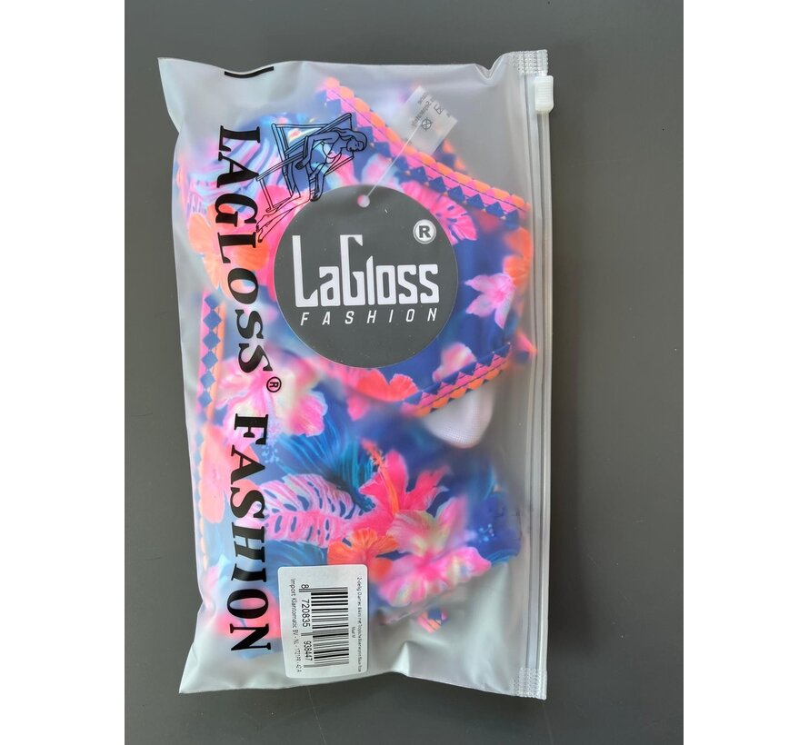 LaGloss® 2-delig Dames Bikini met Tropische Bloemenprint Blauw Roze – Zomermode – Beach Fashion – Strand – Maat M