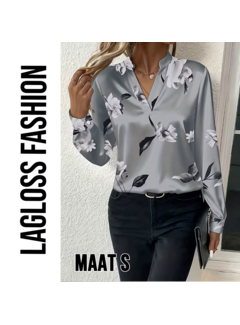LaGloss Zilvergrijze Dames Blouse met Bloemenprint en V-Hals – Maat S