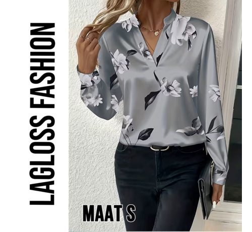 LaGloss LaGloss® Zilvergrijze Dames Blouse met Bloemenprint en V-Hals – Satijnlook – Zomer/Lente/Herfst/Winter – Klassiek – Maat S