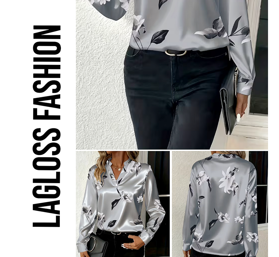 LaGloss® Zilvergrijze Dames Blouse met Bloemenprint en V-Hals – Satijnlook – Zomer/Lente/Herfst/Winter – Klassiek – Maat S