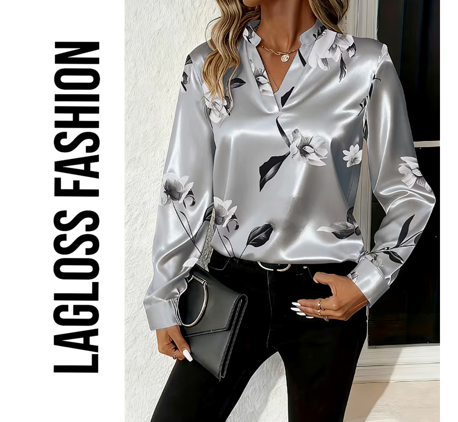 LaGloss® Zilvergrijze Dames Blouse met Bloemenprint en V-Hals – Satijnlook – Zomer/Lente/Herfst/Winter – Klassiek – Maat M
