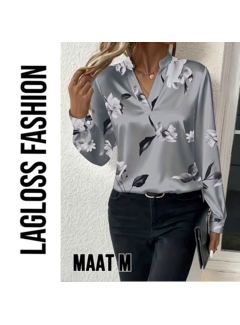 LaGloss Zilvergrijze Dames Blouse met Bloemenprint en V-Hals – Maat M