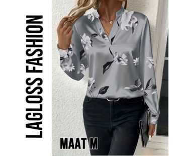 LaGloss Zilvergrijze Dames Blouse met Bloemenprint en V-Hals – Maat M