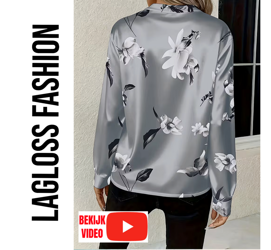 LaGloss® Zilvergrijze Dames Blouse met Bloemenprint en V-Hals – Satijnlook – Zomer/Lente/Herfst/Winter – Klassiek – Maat L