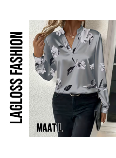 LaGloss Zilvergrijze Dames Blouse met Bloemenprint en V-Hals – Maat L