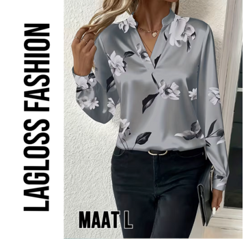 LaGloss Zilvergrijze Dames Blouse met Bloemenprint en V-Hals – Maat L