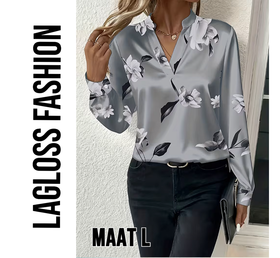LaGloss® Zilvergrijze Dames Blouse met Bloemenprint en V-Hals – Satijnlook – Zomer/Lente/Herfst/Winter – Klassiek – Maat L