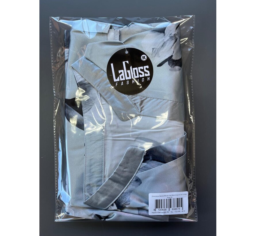 LaGloss® Zilvergrijze Dames Blouse met Bloemenprint en V-Hals – Satijnlook – Zomer/Lente/Herfst/Winter – Klassiek – Maat XL