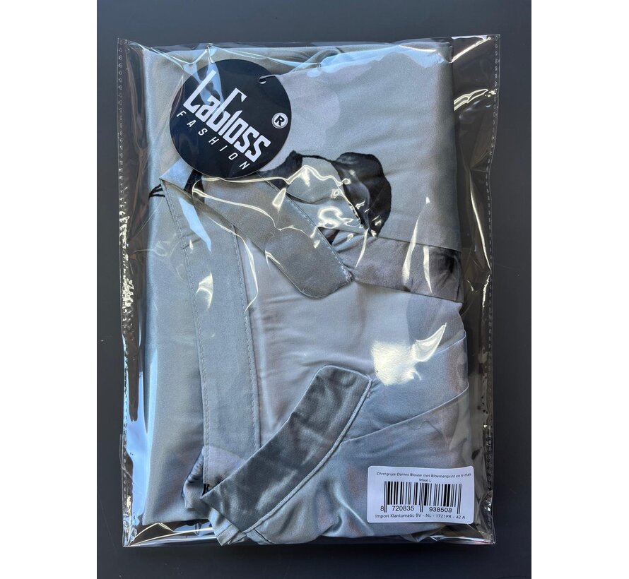 LaGloss® Zilvergrijze Dames Blouse met Bloemenprint en V-Hals – Satijnlook – Zomer/Lente/Herfst/Winter – Klassiek – Maat L