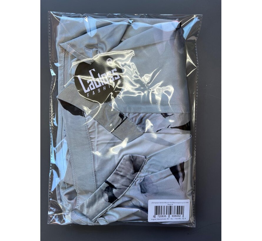 LaGloss® Zilvergrijze Dames Blouse met Bloemenprint en V-Hals – Satijnlook – Zomer/Lente/Herfst/Winter – Klassiek – Maat M