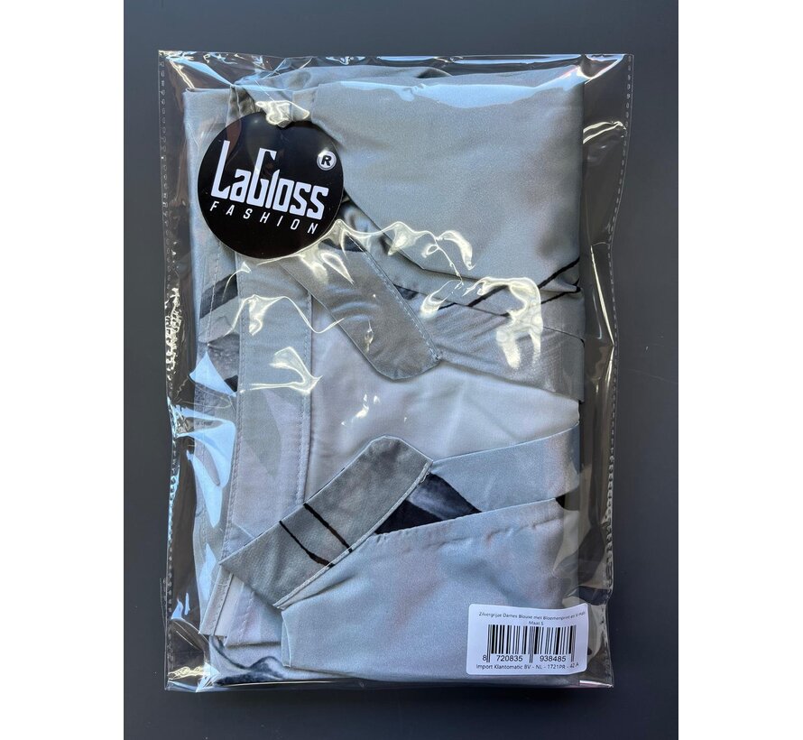 LaGloss® Zilvergrijze Dames Blouse met Bloemenprint en V-Hals – Satijnlook – Zomer/Lente/Herfst/Winter – Klassiek – Maat S