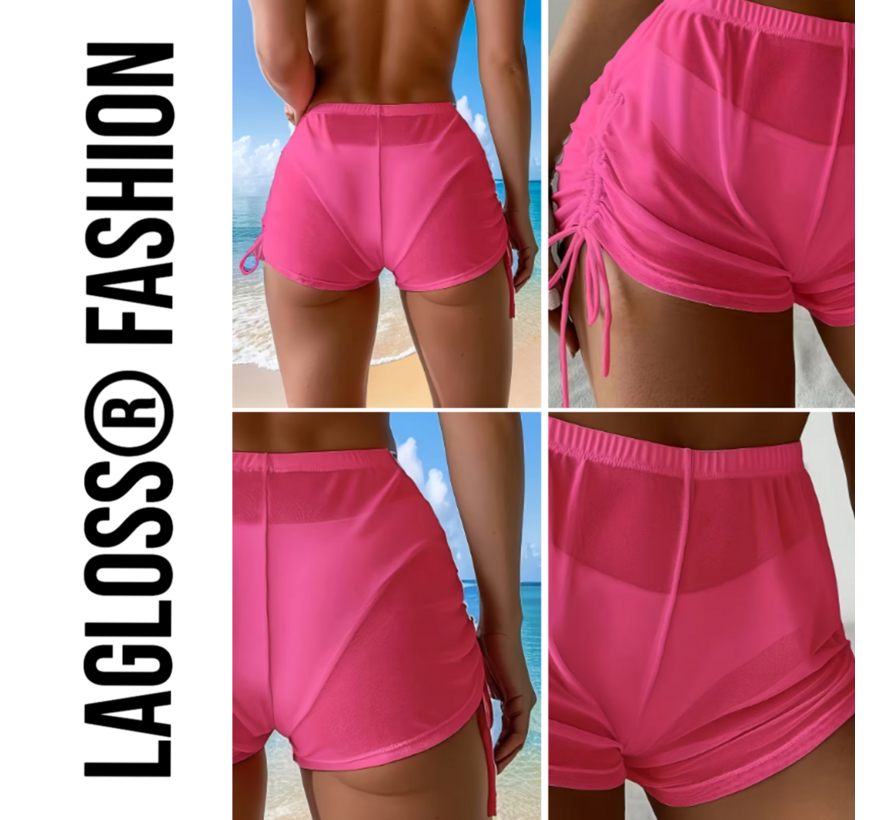 LaGloss® Dames Bikini Cover Up Broekje Roze Halfdoorzichtig Met Koordjes – Zomermode – Beach Fashion – Maat L