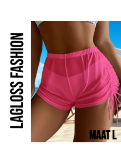LaGloss Dames Bikini Cover Up Broekje Roze Halfdoorzichtig Met Koordjes – Maat L