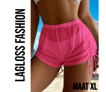 LaGloss Dames Bikini Cover Up Broekje Roze Halfdoorzichtig Met Koordjes – Maat XL
