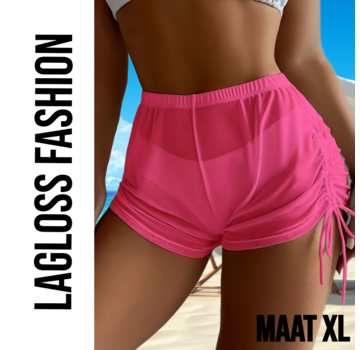 LaGloss Dames Bikini Cover Up Broekje Roze Halfdoorzichtig Met Koordjes – Maat XL
