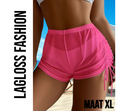 LaGloss LaGloss® Dames Bikini Cover Up Broekje Roze Halfdoorzichtig Met Koordjes – Zomermode – Beach Fashion – Maat XL