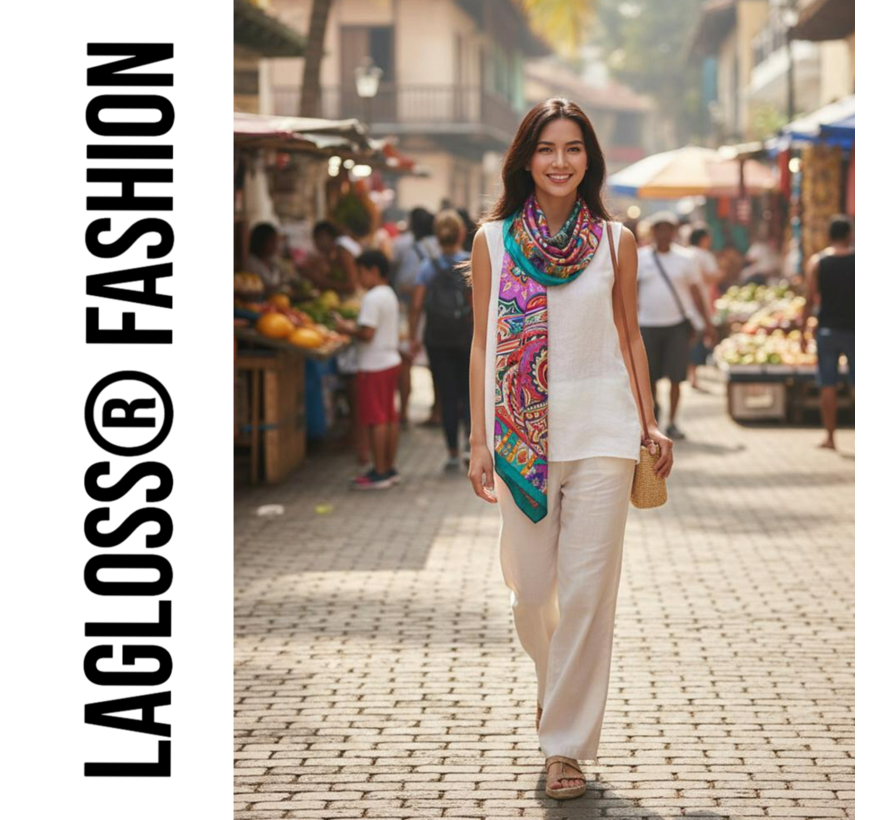 LaGloss® Vierkante Dames Sjaal Paisley Print Rood Multicolor – Satijnlook – Zomer/Lente/Herfst/Winter – 90 x 90 cm