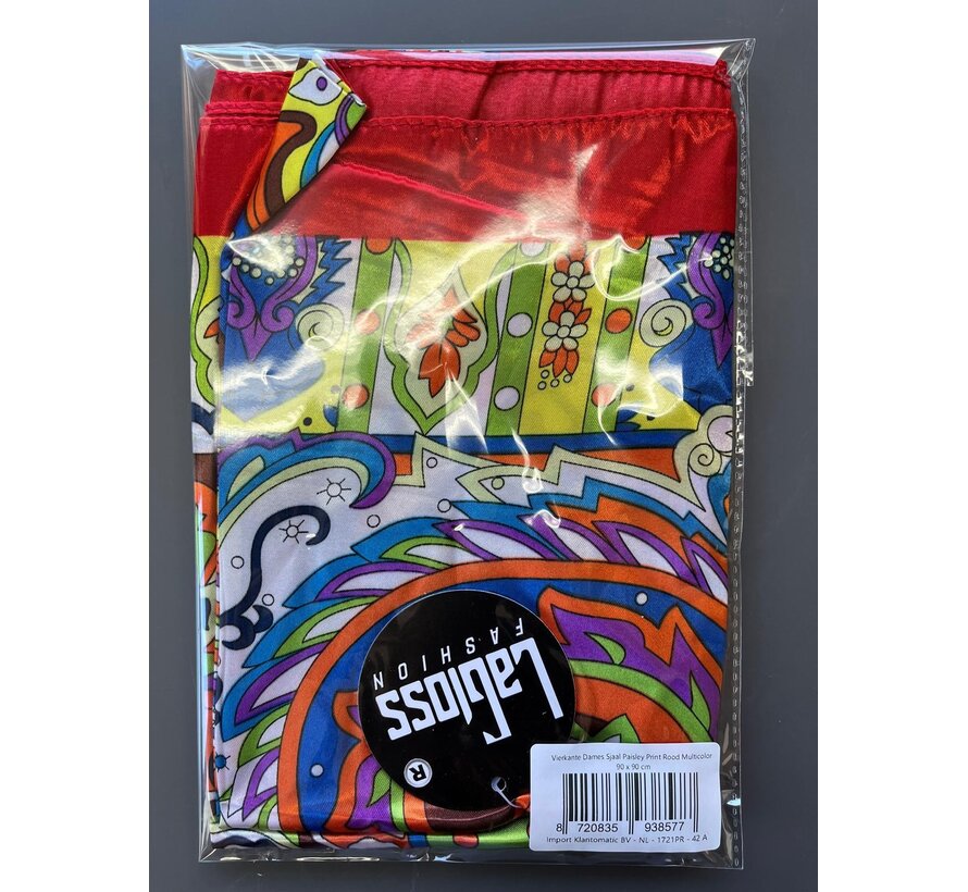 LaGloss® Vierkante Dames Sjaal Paisley Print Rood Multicolor – Satijnlook – Zomer/Lente/Herfst/Winter – 90 x 90 cm