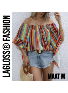 LaGloss Gestreepte Korte Dames Off-Shoulder Blouse Met Ruches – Maat M