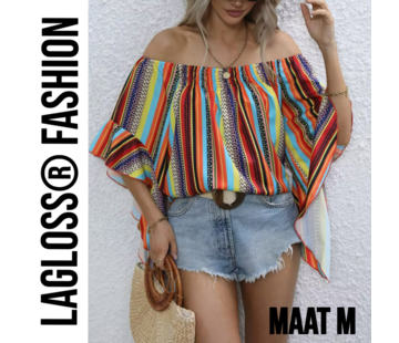 LaGloss Gestreepte Korte Dames Off-Shoulder Blouse Met Ruches – Maat M