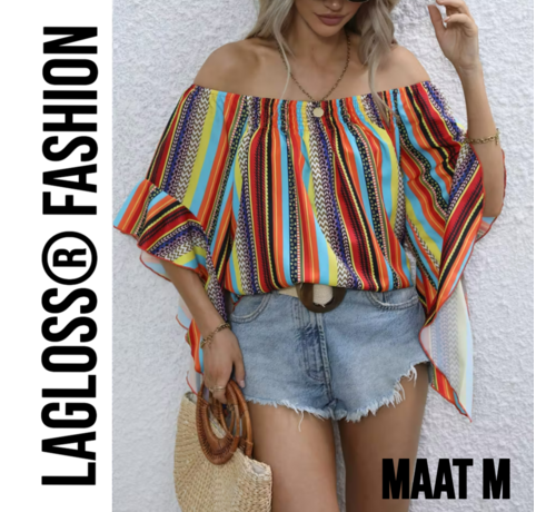 LaGloss LaGloss® Gestreepte Korte Dames Off-Shoulder Blouse Met Ruches – Multicolor – Zomermode – Fashion – Casual – Maat M