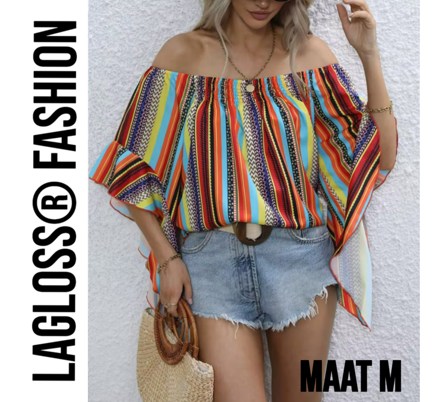 LaGloss® Gestreepte Korte Dames Off-Shoulder Blouse Met Ruches – Multicolor – Zomermode – Fashion – Casual – Maat M