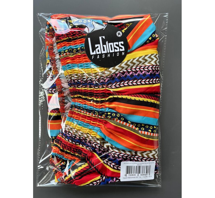 LaGloss® Gestreepte Korte Dames Off-Shoulder Blouse Met Ruches – Multicolor – Zomermode – Fashion – Casual – Maat M